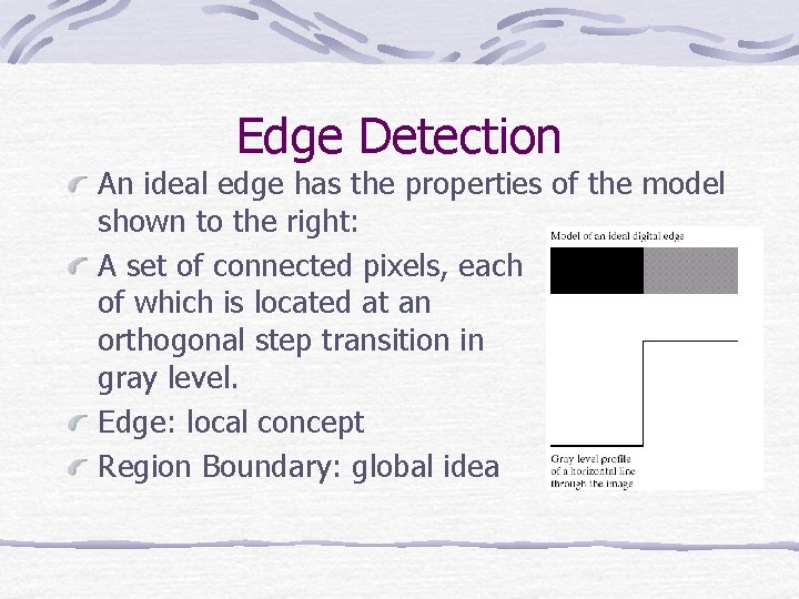 Edge Detection An ideal edge has the properties of the model shown to the