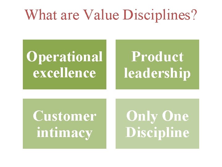 What are Value Disciplines? Operational excellence Product leadership Customer intimacy Only One Discipline 