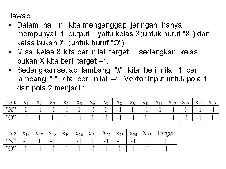 Jawab • Dalam hal ini kita menganggap jaringan hanya mempunyai 1 output yaitu kelas