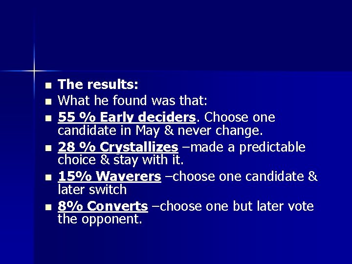 n n n The results: What he found was that: 55 % Early deciders.
