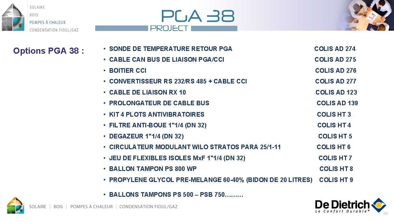 Options PGA 38 : • SONDE DE TEMPERATURE RETOUR PGA COLIS AD 274 •