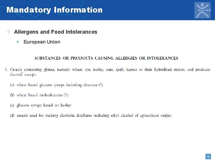 Mandatory Information Allergens and Food Intolerances § European Union 10 