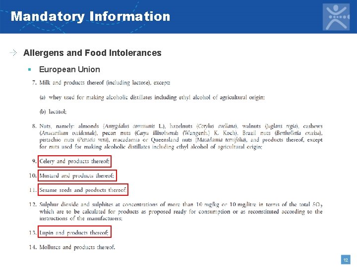 Mandatory Information Allergens and Food Intolerances § European Union 12 