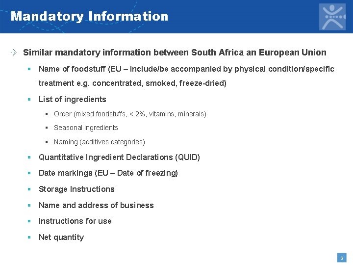 Mandatory Information Similar mandatory information between South Africa an European Union § Name of