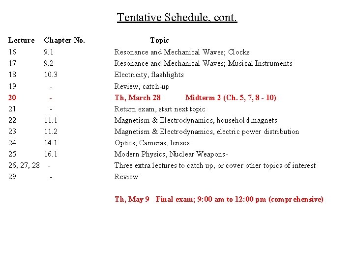 Tentative Schedule, cont. Lecture Chapter No. 16 9. 1 17 9. 2 18 10.