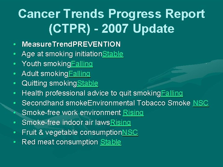 Cancer Trends Progress Report (CTPR) - 2007 Update • • • Measure. Trend. PREVENTION