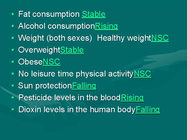  • • • Fat consumption Stable Alcohol consumption. Rising Weight (both sexes) Healthy