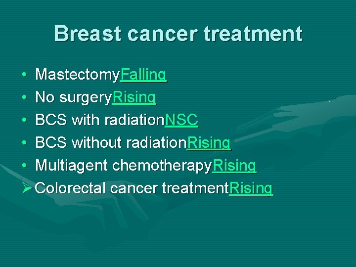 Breast cancer treatment • Mastectomy. Falling • No surgery. Rising • BCS with radiation.