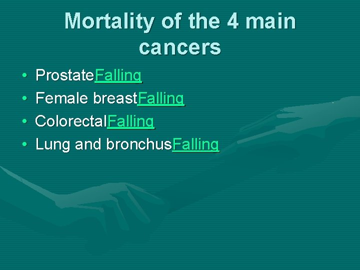 Mortality of the 4 main cancers • • Prostate. Falling Female breast. Falling Colorectal.