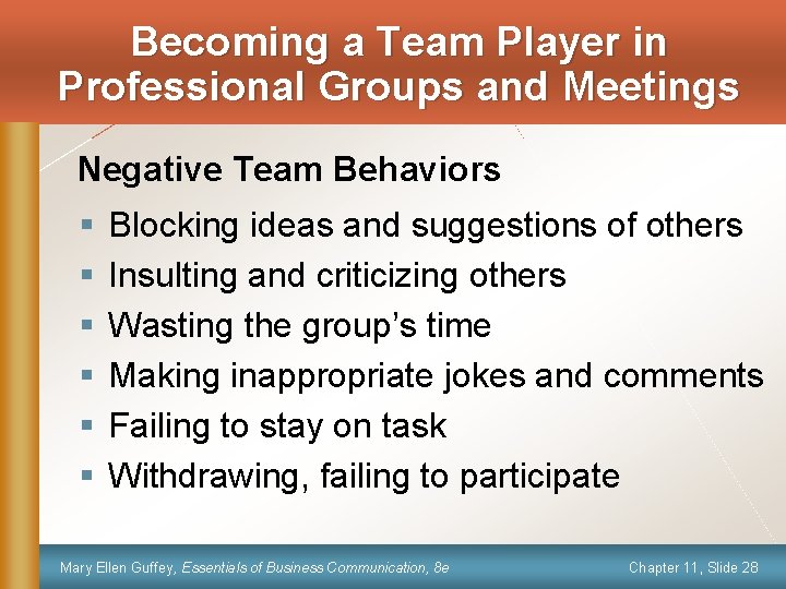 Becoming a Team Player in Professional Groups and Meetings Negative Team Behaviors § §