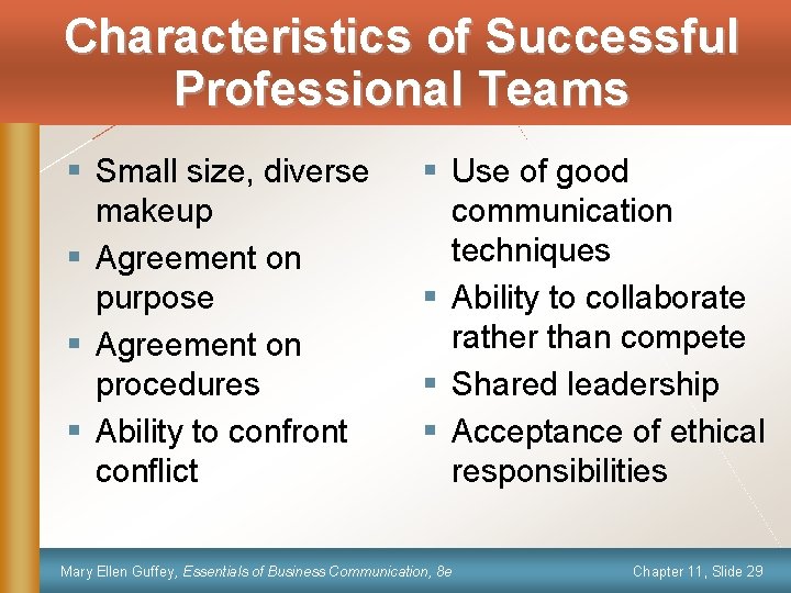 Characteristics of Successful Professional Teams § Small size, diverse makeup § Agreement on purpose