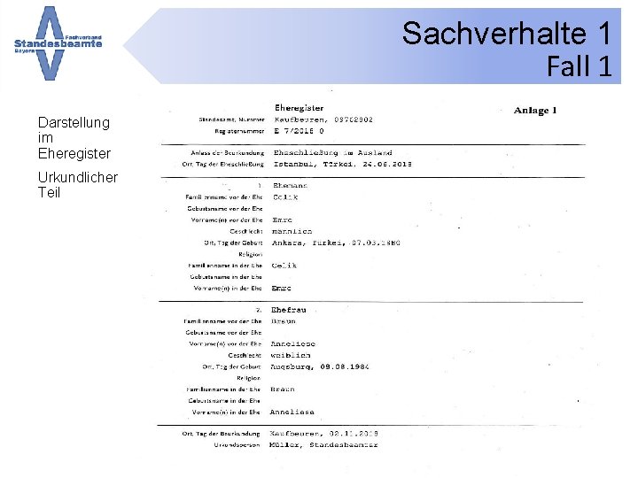 Sachverhalte 1 Fall 1 Darstellung im Eheregister Urkundlicher Teil Herbstdienstbesprechung 2018 © www. standesbeamte-bayern.