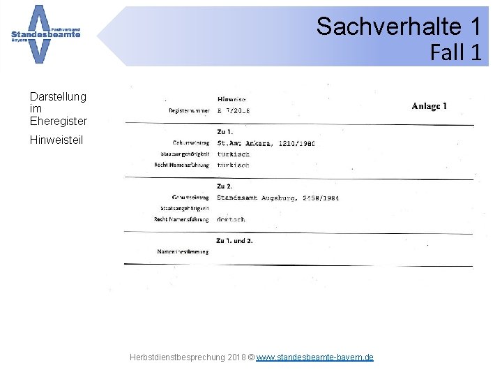 Sachverhalte 1 Fall 1 Darstellung im Eheregister Hinweisteil Herbstdienstbesprechung 2018 © www. standesbeamte-bayern. de