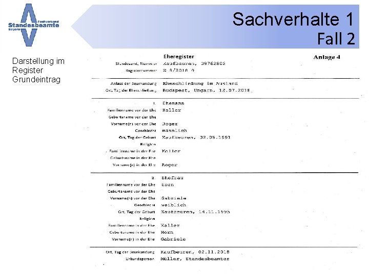 Sachverhalte 1 Fall 2 Darstellung im Register Grundeintrag Herbstdienstbesprechung 2018 © www. standesbeamte-bayern. de