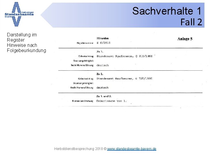 Sachverhalte 1 Fall 2 Darstellung im Register Hinweise nach Folgebeurkundung Herbstdienstbesprechung 2018 © www.