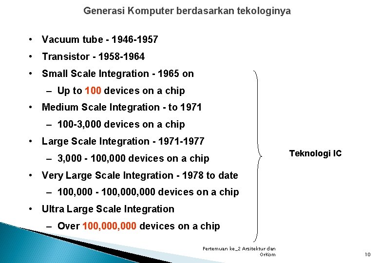 Generasi Komputer berdasarkan tekologinya • Vacuum tube - 1946 -1957 • Transistor - 1958