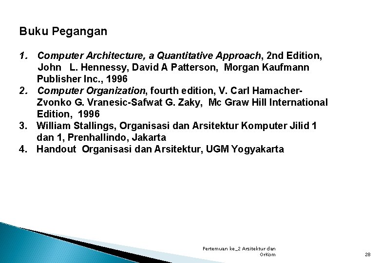 Buku Pegangan 1. Computer Architecture, a Quantitative Approach, 2 nd Edition, John L. Hennessy,
