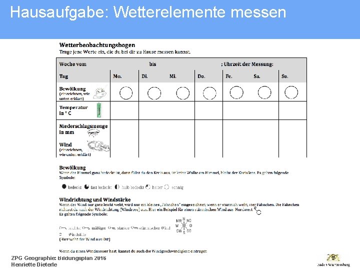 Hausaufgabe: Wetterelemente messen ZPG Geographie: Bildungsplan 2016 Henriette Dieterle 