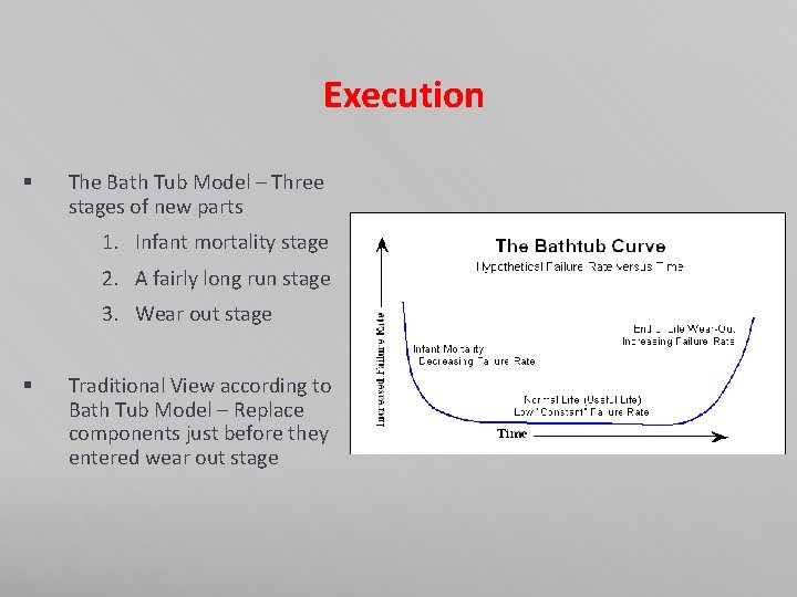 Execution § The Bath Tub Model – Three stages of new parts 1. Infant