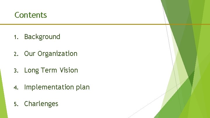 Contents 1. Background 2. Our Organization 3. Long Term Vision 4. Implementation plan 5.