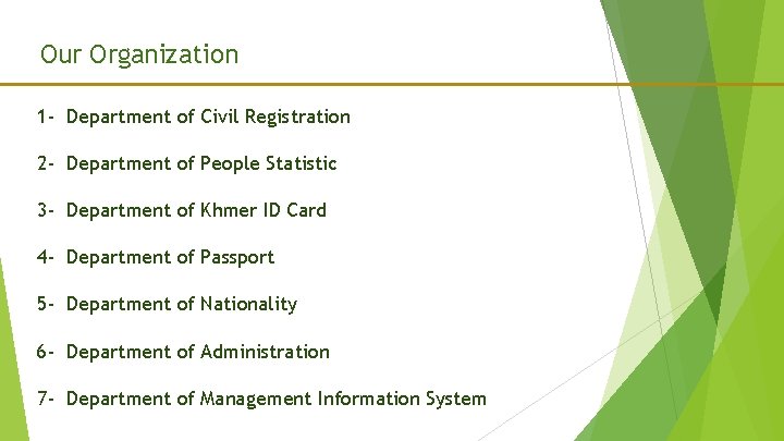 Our Organization 1 - Department of Civil Registration 2 - Department of People Statistic