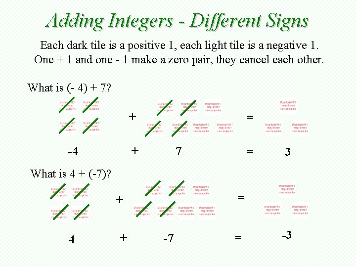 Adding Integers - Different Signs Each dark tile is a positive 1, each light