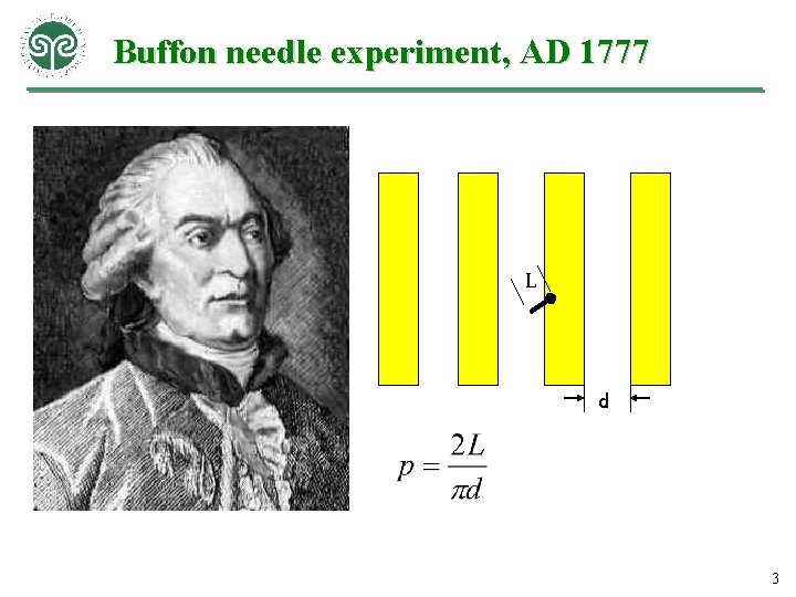 Buffon needle experiment, AD 1777 L d 3 