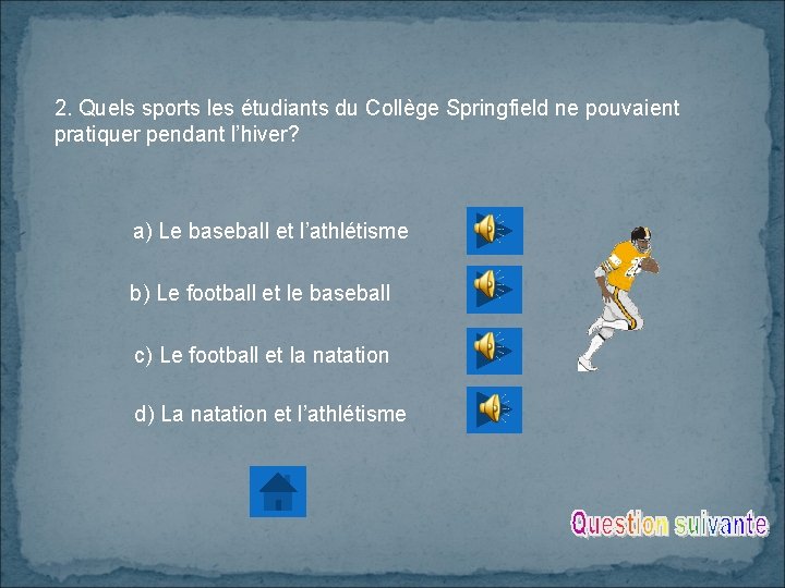 2. Quels sports les étudiants du Collège Springfield ne pouvaient pratiquer pendant l’hiver? a)