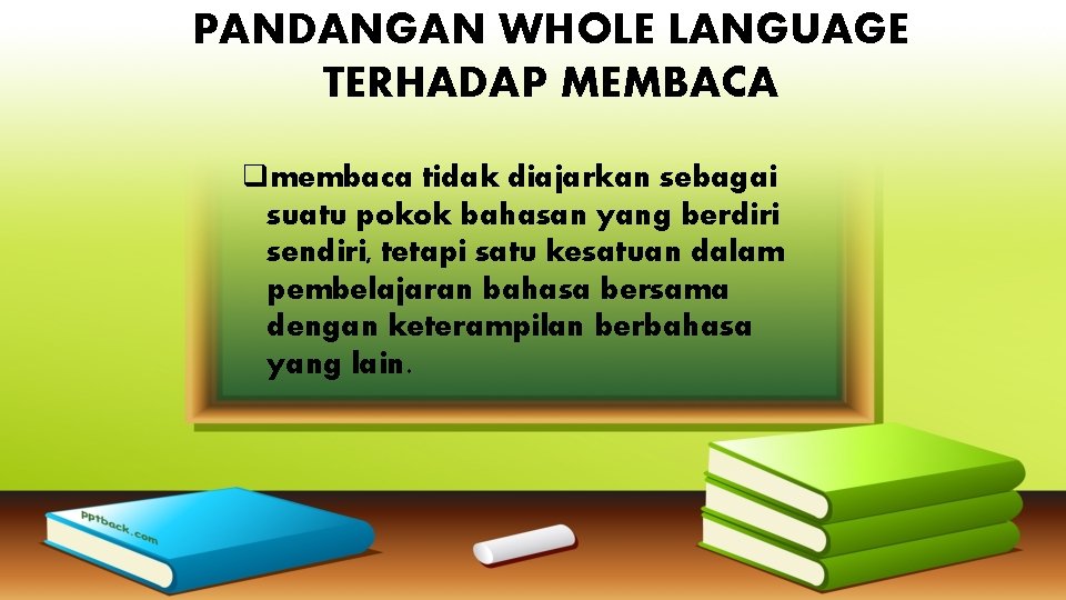 PANDANGAN WHOLE LANGUAGE TERHADAP MEMBACA qmembaca tidak diajarkan sebagai suatu pokok bahasan yang berdiri