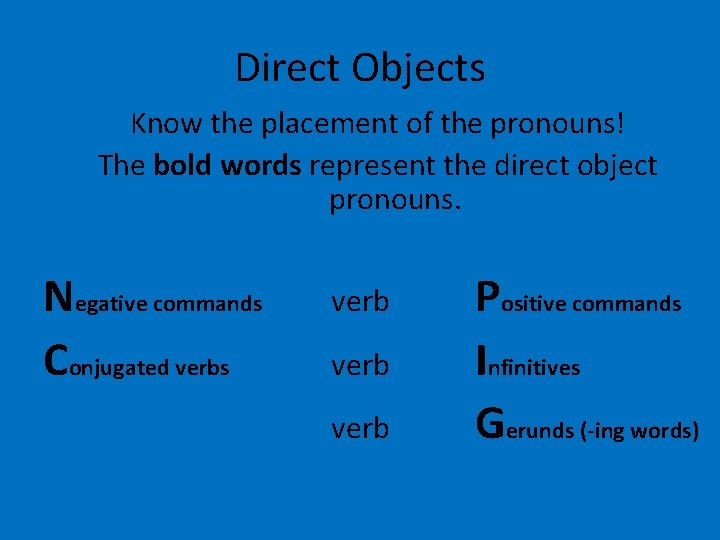 Direct Objects Know the placement of the pronouns! The bold words represent the direct