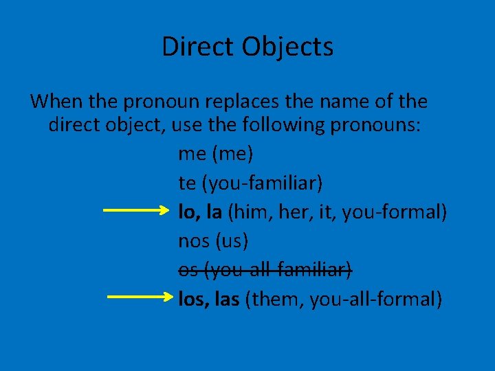 Direct Objects When the pronoun replaces the name of the direct object, use the