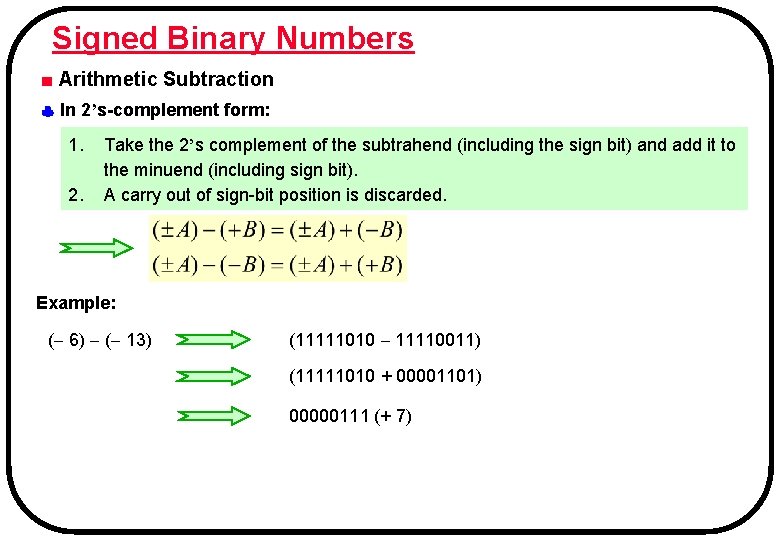 Signed Binary Numbers ■ Arithmetic Subtraction In 2’s-complement form: 1. 2. Take the 2’s Signed Binary Numbers ■ Arithmetic Subtraction In 2’s-complement form: 1. 2. Take the 2’s