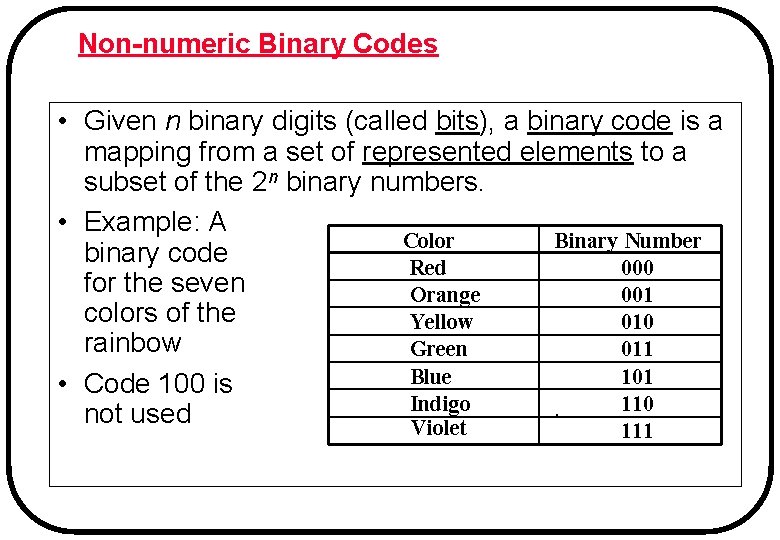 Non-numeric Binary Codes • Given n binary digits (called bits), a binary code is