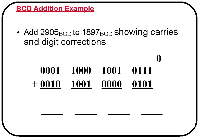 BCD Addition Example • Add 2905 BCD to 1897 BCD showing carries and digit BCD Addition Example • Add 2905 BCD to 1897 BCD showing carries and digit