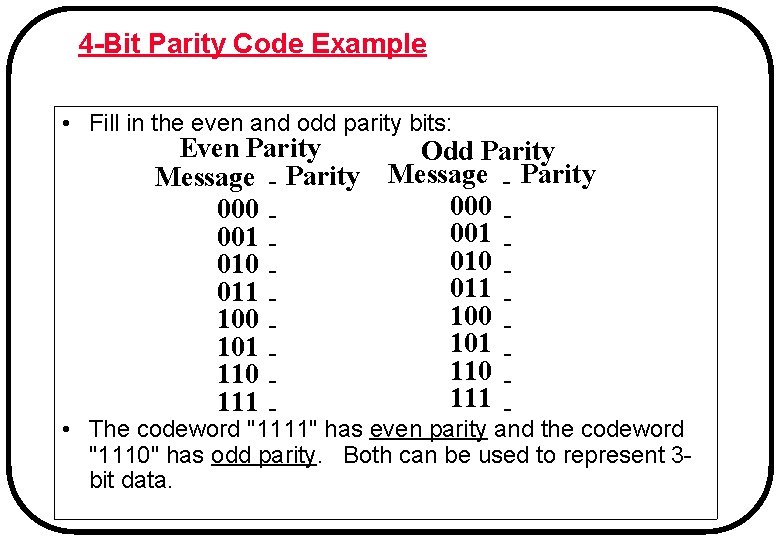 4 -Bit Parity Code Example • Fill in the even and odd parity bits: