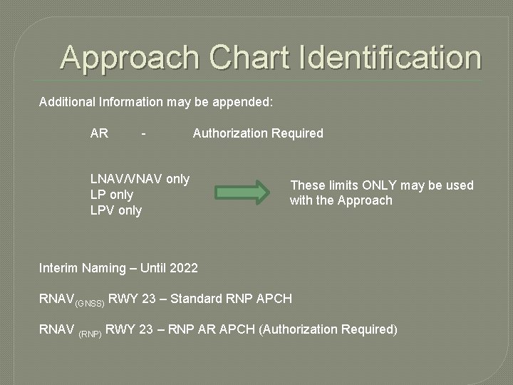 Approach Chart Identification Additional Information may be appended: AR - Authorization Required LNAV/VNAV only