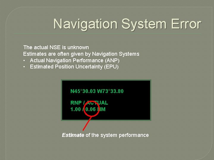 Navigation System Error The actual NSE is unknown Estimates are often given by Navigation