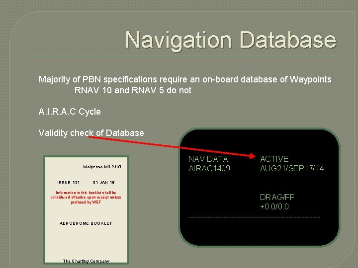 Navigation Database Majority of PBN specifications require an on-board database of Waypoints RNAV 10