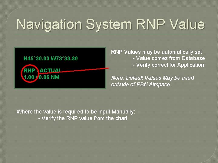 Navigation System RNP Value N 45° 30. 03 W 73° 33. 80 RNP /