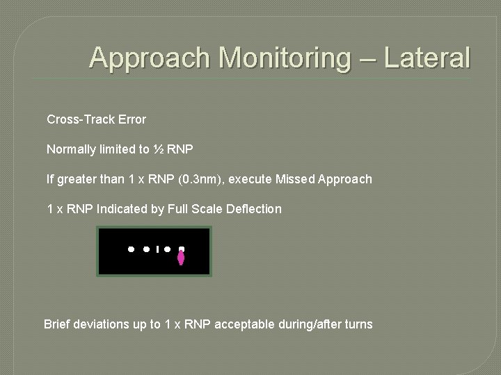 Approach Monitoring – Lateral Cross-Track Error Normally limited to ½ RNP If greater than