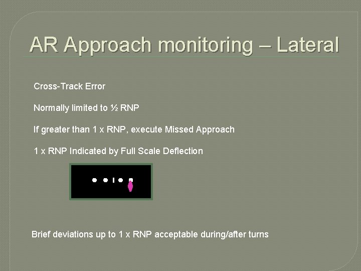 AR Approach monitoring – Lateral Cross-Track Error Normally limited to ½ RNP If greater