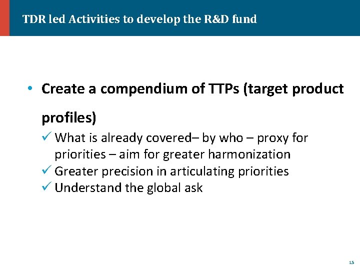 TDR led Activities to develop the R&D fund • Create a compendium of TTPs