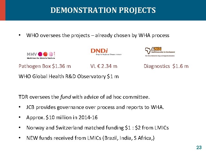 DEMONSTRATION PROJECTS • WHO oversees the projects – already chosen by WHA process Pathogen