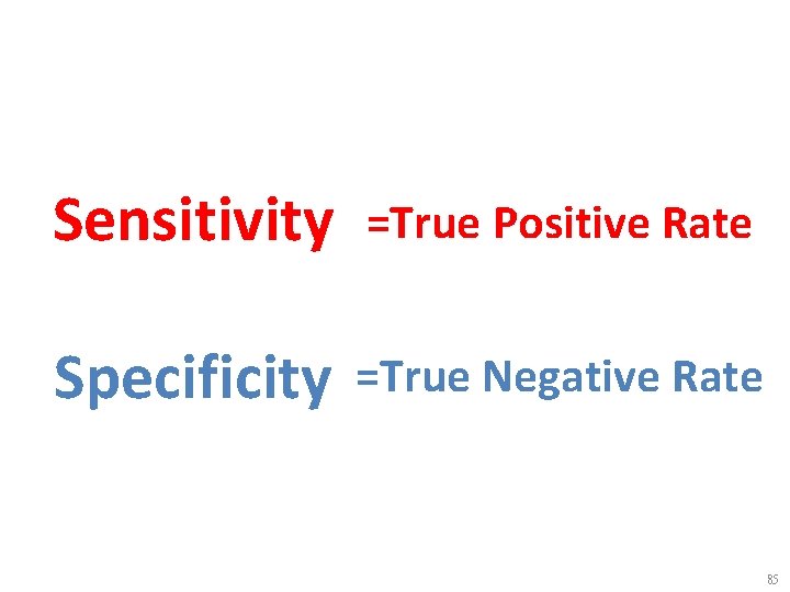 Sensitivity =True Positive Rate Specificity =True Negative Rate 85 