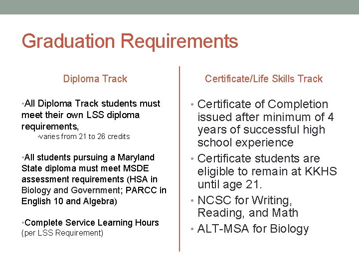 Graduation Requirements Diploma Track • All Diploma Track students must meet their own LSS