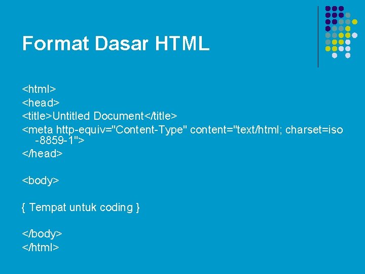 Format Dasar HTML <html> <head> <title>Untitled Document</title> <meta http-equiv="Content-Type" content="text/html; charset=iso -8859 -1"> </head>