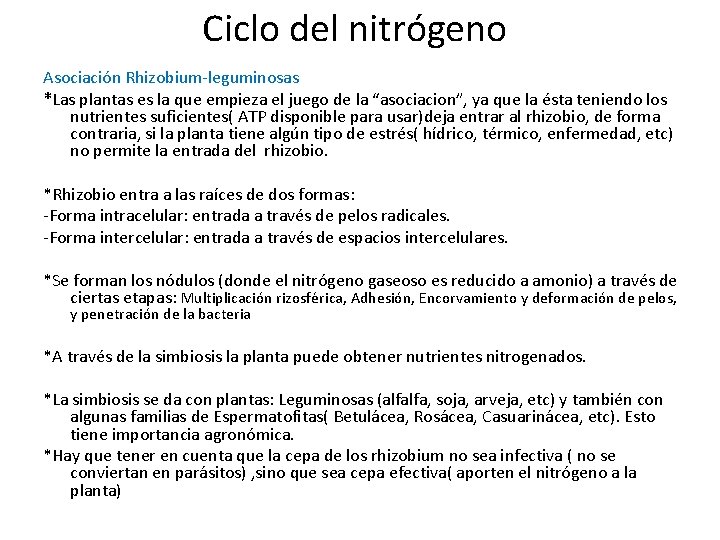 Ciclo del nitrógeno Asociación Rhizobium-leguminosas *Las plantas es la que empieza el juego de