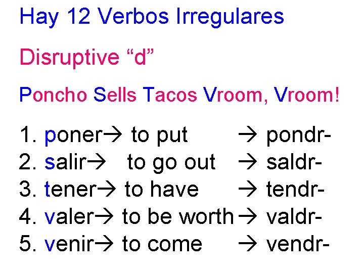 Hay 12 Verbos Irregulares Disruptive “d” Poncho Sells Tacos Vroom, Vroom! 1. poner to