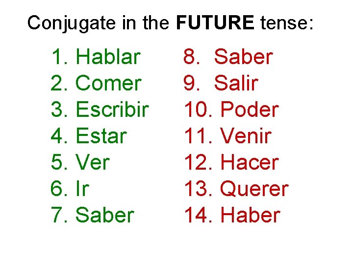 Conjugate in the FUTURE tense: 1. Hablar 2. Comer 3. Escribir 4. Estar 5.