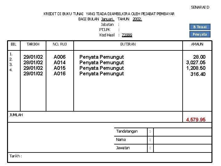 SENARAI D KREDIT DI BUKU TUNAI YANG TIADA DIAMBILKIRA OLEH PEJABAT PEMBAYAR BAGI BULAN